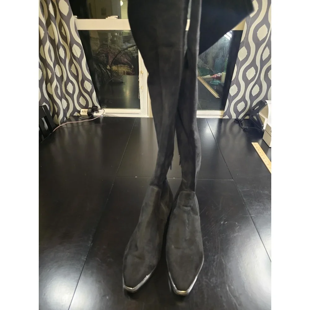 Marc Fisher LTD Black Suede‎ Over The Knee Boots Metal Toe Cap Size 9 M Low Heel
